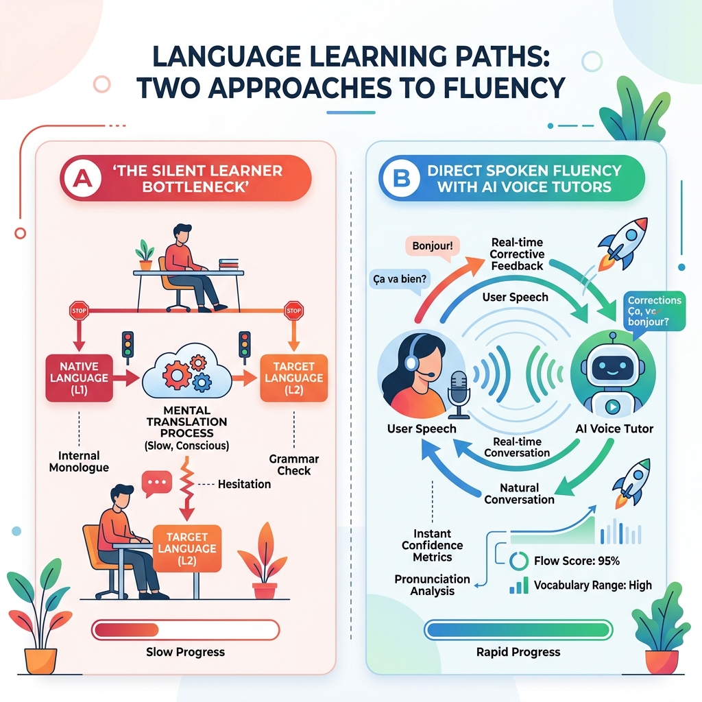 Caminhos de Aprendizagem de Idiomas: O Gargalo do Aprendiz Silencioso vs Fluência Falada Direta com Tutores de IA
